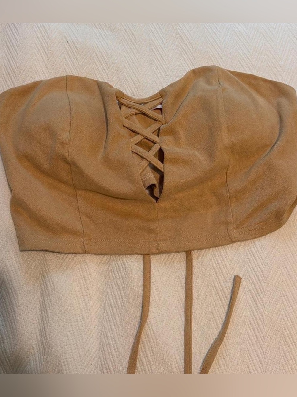 Strapless Lace-Up Suede Corset Top in Camel
